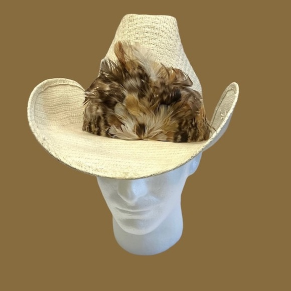 Rocamar Other - Vintage Off White Mesh Cowboy Hat Size 7 1/4 Feather Hatband
